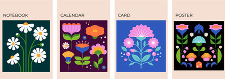Modern Flowers illustrations. Geometric, flat style design, folk motif, bright and colorful flowers. Vector illustrationsのイラスト素材