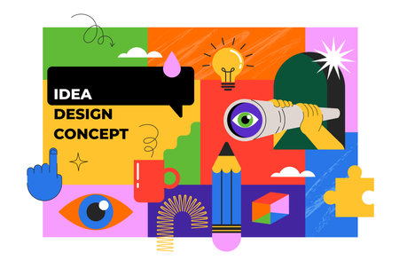 Idea, thinking out of the box, creativity and design concept background, banner, poster. Geometrical style vector design with light bulb, brain, pencilのイラスト素材