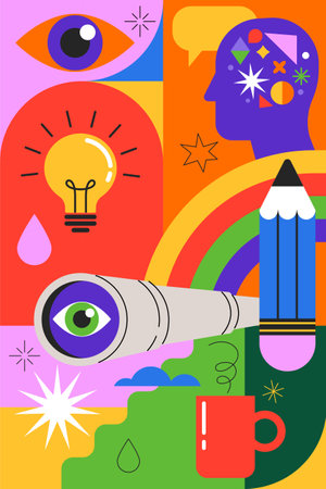Idea, thinking out of the box, creativity and design concept background, banner, poster. Geometrical style vector design with light bulb, brain, pencilのイラスト素材