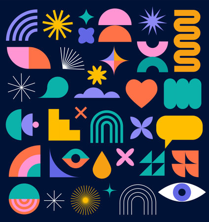 Minimalist geometric elements collection, abstract hand drawn Bauhaus forms and basic shapes. Trendy graphic element vector setのイラスト素材