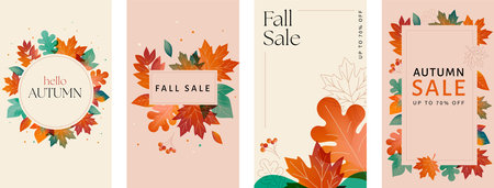 Autumn, Fall background, vertical designs, cards, banners. Autumn leaves pattern, landscape, sale template. Vector illustration, banners, cardsのイラスト素材