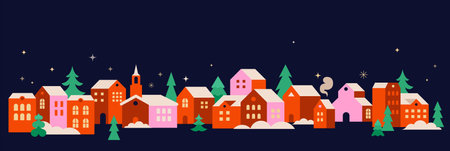 Merry Christmas and Happy New Year. Concept Christmas background with colorful geometrical style winter village. Homes, trees, decorations elements. Vector Illustrationのイラスト素材