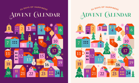 Merry Christmas, Advent Calendar. Concept design with Christmas village, decorations, gifts and homes. Vector illustrationのイラスト素材