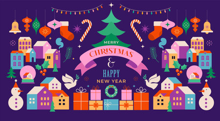 Merry Christmas and Happy New Year. Concept Christmas background with colorful geometrical style winter village. Homes, trees, decorations elements. Vector Illustrationのイラスト素材