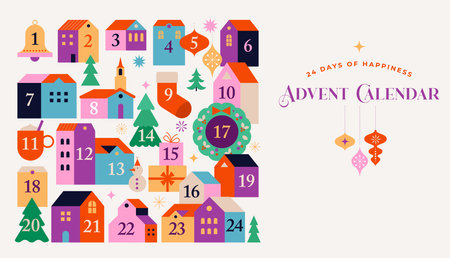 Merry Christmas, Advent Calendar. Concept design with Christmas village, decorations, gifts and homes. Vector illustrationのイラスト素材