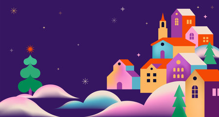 Merry Christmas and Happy New Year. Concept Christmas background with colorful geometrical style winter village. Homes, trees, decorations elements. Vector Illustrationのイラスト素材