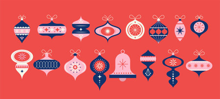 Collection of vintage Christmas decorations, balls, stars, ornaments. Symbols, elements isolated on white backgroundのイラスト素材