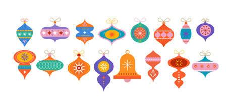 Collection of colorful Christmas decorations, balls, stars, ornaments. Symbols, elements isolated on white backgroundのイラスト素材