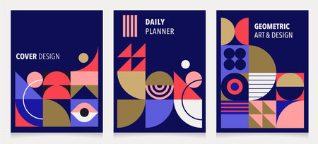 Abstract Bauhaus Book Cover Design Collection. Geometric style cover template for magazine, annual report, booklet, presentation, portfolio, brochure, posterのイラスト素材