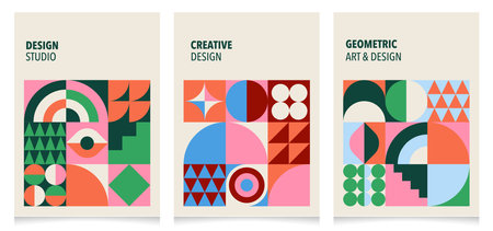 Abstract Bauhaus Book Cover Design Collection. Geometric style cover template for magazine, annual report, booklet, presentation, portfolio, brochure, posterのイラスト素材