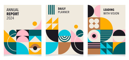 Abstract Bauhaus Book Cover Design Collection. Geometric style cover template for magazine, annual report, booklet, presentation, portfolio, brochure, posterのイラスト素材