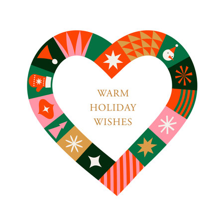 Christmas card, banner in modern minimalist geometric style. Merry Christmas colorful heart illustration in flat cartoon style. Xmas backgrounds with geometric patterns, starsのイラスト素材