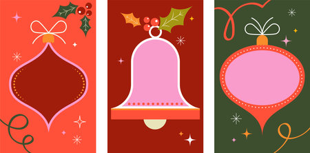 Christmas cards, frames in modern minimalist geometric style. Merry Christmas colorful illustration in flat cartoon style. Xmas backgrounds with patterns, starsのイラスト素材