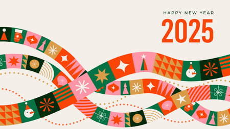 Merry Christmas and Happy New Year modern abstract minimalist geometric style. Christmas colorful illustration in flat cartoon style. Xmas backgrounds with patternsのイラスト素材