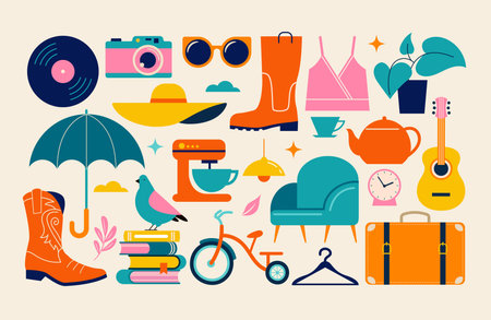 Collection of different home goods. Flea market, Garage sale, stickers, icons, elementsのイラスト素材
