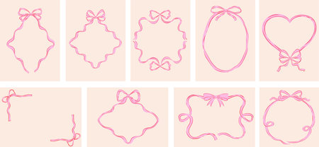 Vintage retro bows frames collection. Prints, greeting cards, wedding and birthday party, invitations. Hand drawn trendy coquette styleのイラスト素材