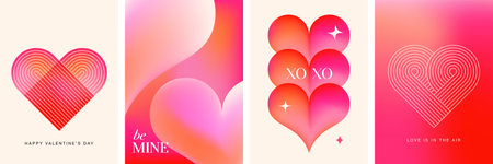 Abstract Valentines day cards collection, Valentines background in red and pink gradient colors, linear art and elements. Hearts, love, wedding concept designのイラスト素材