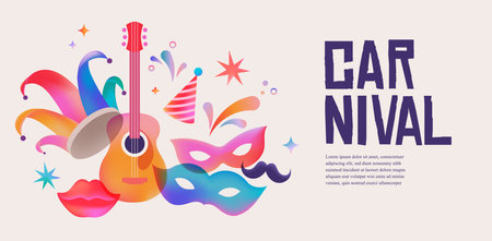 Carnival banner with guitar, masks and jester hat. Colorful vector backgroundのイラスト素材