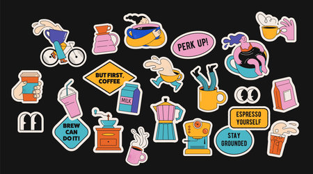 Coffee stickers set. Collection of funny vector illustrations. Cafe and coffeeshop design. Concept illustrations of characters with coffee mugs. Modern minimalist flat art. Perfect for coffee stores, prints, stickers.のイラスト素材