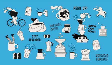 Collection of coffee illustrations and icons. Cafe and coffeeshop design. Concept characters with coffee mugs and utensils. Modern minimalist flat art. Perfect for coffee stores, prints, stickers.のイラスト素材