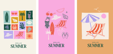 Summer backgrounds, pattern, cards, banner templates. Hand drawn modern illustrations, doodles with sea shells, surf boards, beach chair, swimsuit and flip flops elementsのイラスト素材