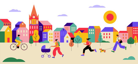 Colorful Urban Public Space. People Walking, Jogging, and Cycling in a City Square.のイラスト素材