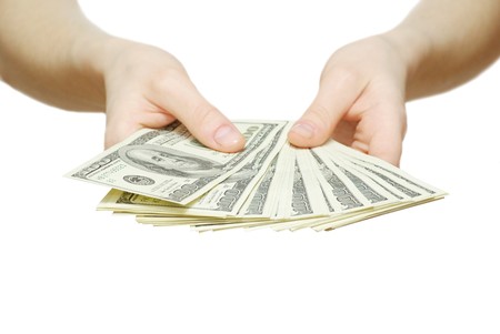 money with hand isolated on whiteの写真素材