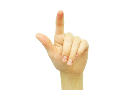 Hand pointing, touching or pressing isolated on whiteの写真素材