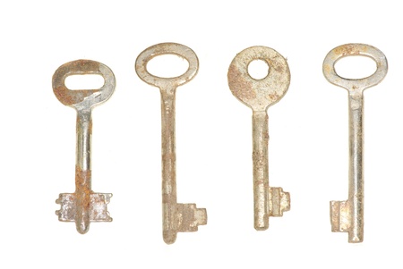 Collection old keys on white backgroundの写真素材