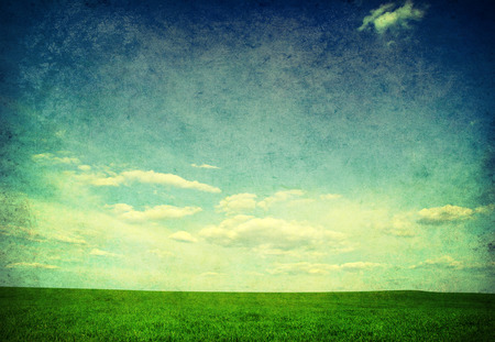 Green field, blue sky and sunの写真素材