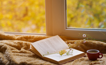Hot coffee in the background of a window and autumn nature.の写真素材