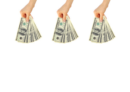 Hand with money isolated on white backgroundの写真素材