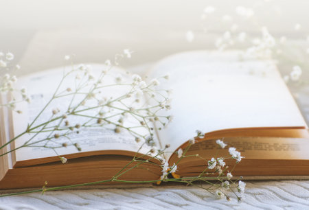 Cozy winter still life: opened book.の写真素材