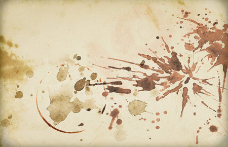 Dry brown coffee cup rings and coffee stains on brown paper background. top view.の写真素材