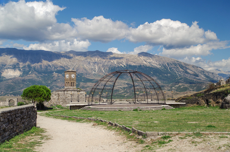 Gjirokaster Castle. Clock tower. Stage of the Gjirokaster national folklore festival. Albania, Gjirokaster - UNESCO World Heritage siteのeditorial素材