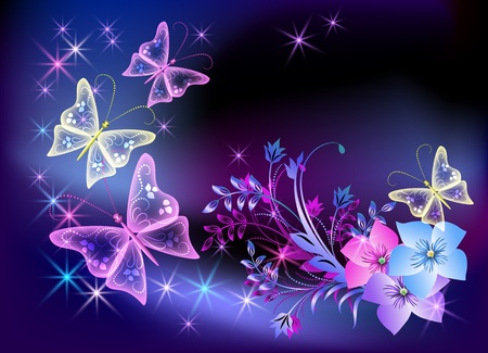 Glowing transparent flowers, stars and butterflyのイラスト素材
