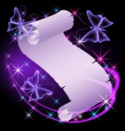 Glowing background with butterfly, stars and parchmentのイラスト素材