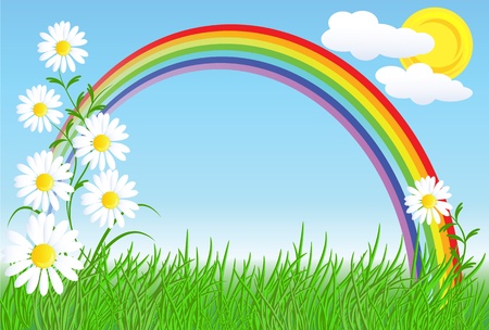 Camomiles, rainbow and blue skyのイラスト素材