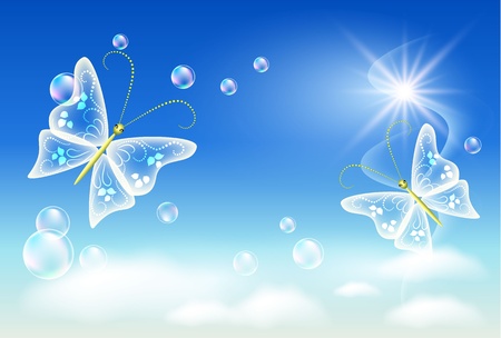 Sky, clouds, bubbles  and  butterfly. Symbol of ecology clean air.のイラスト素材