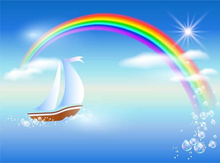 Sailboat floats on the sea to rainbow under clear sun and floating clouds.のイラスト素材