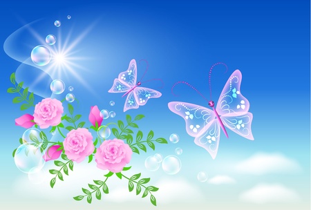 Flowers and  butterflies  in the skyのイラスト素材
