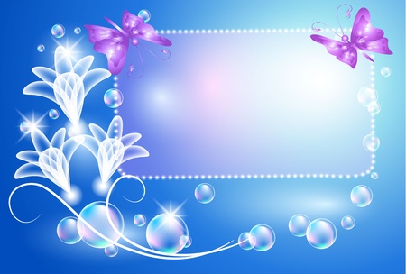 Glowing background with transparent flowers, butterfly and bubblesのイラスト素材