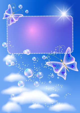 Glowing background with signboard, butterfly, bubbles and sunshineのイラスト素材