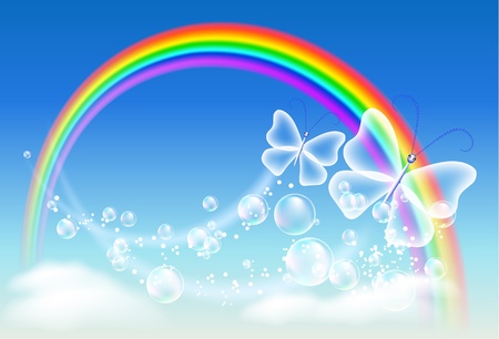 Butterfly, clouds, bubbles and rainbowのイラスト素材