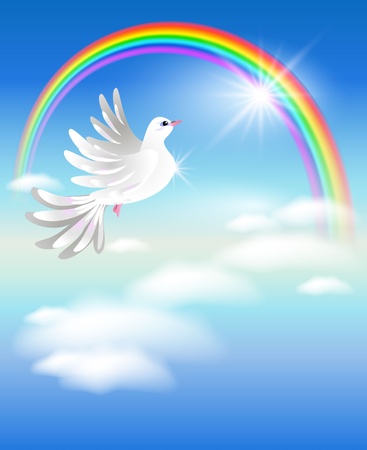 Pigeon flies to the rainbow in the cloudsのイラスト素材