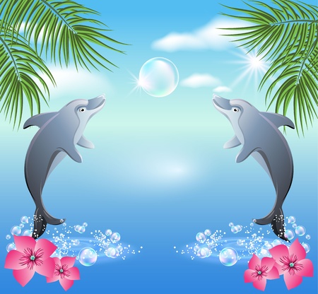Dolphins leaps from water on the background of clouds and palmsのイラスト素材