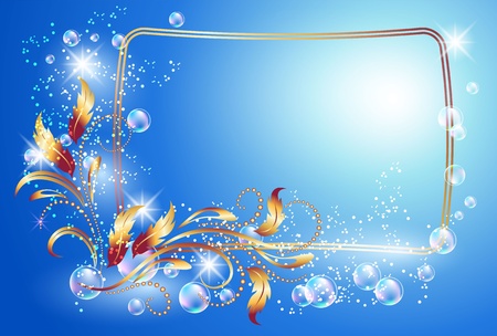 Glowing background with signboard, bubbles, stars and golden ornamentのイラスト素材