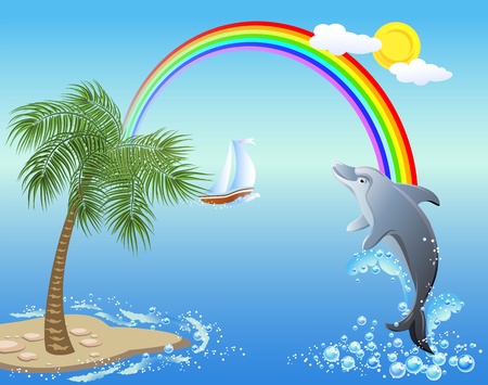 Dolphin leaps from water on the background of rainbow, sailboat and palmのイラスト素材
