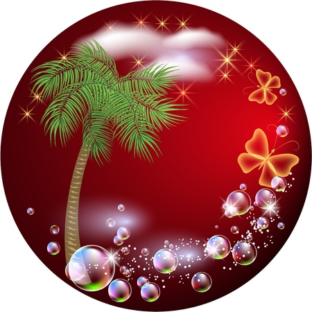 Round background with palm, clouds and bubblesのイラスト素材