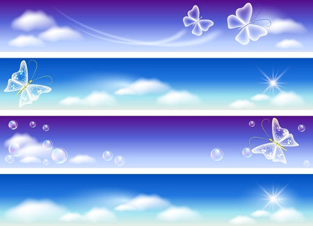 Set of banners for website with sky panorama, clouds, butterflies and bubblesのイラスト素材
